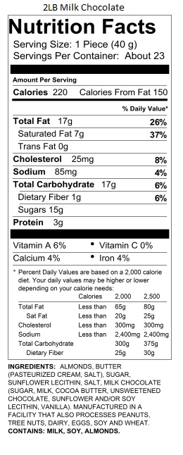 2lb Milk Box 2lb Milk Chocolate Traditional Almond Toffee Nutrition Information